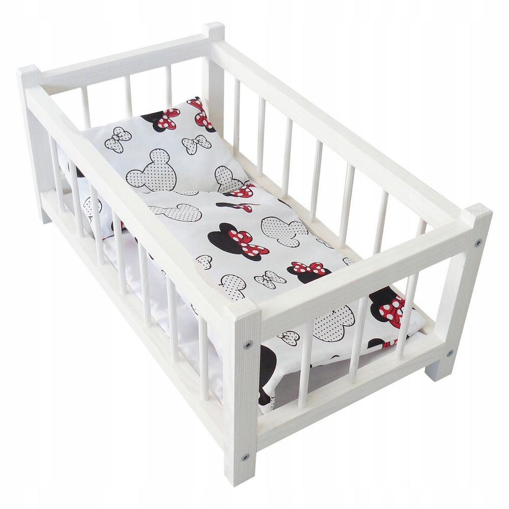 DREVENÁ POSTIEĽKA PRE BÁBIKY OD VÝROBCU, BIELENÁ + POSTEĽNE MICKEY MOUSE